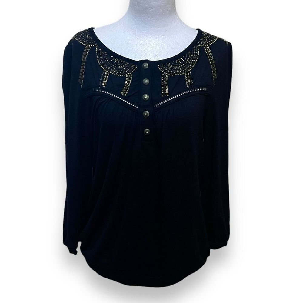 Fossil Top Black w Cutouts Sz M Gold Buttons 3/4 Sleeve Western Bohemian